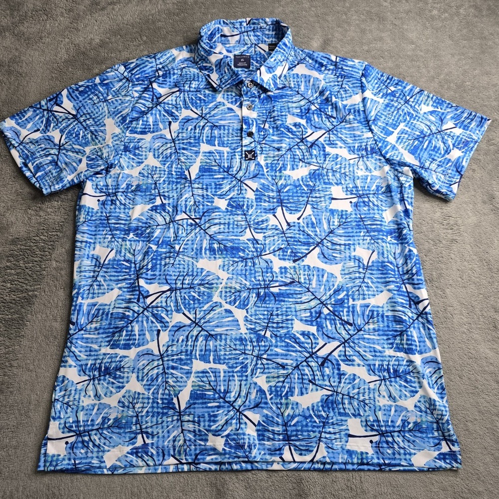 Construct Golf Polo Shirt Mens XL Blue Floral AOP Quick Dry Performance Hawaiian